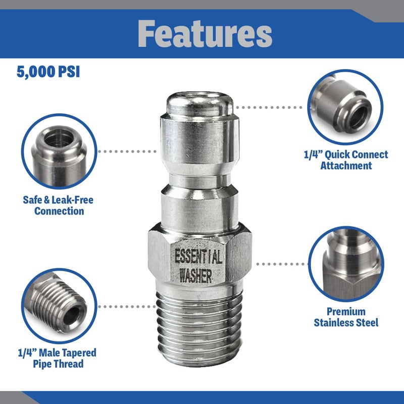 Essential Washer Stainless Steel Â¼â€ Plug Male NPT | Pressure Washer Quick Connect Fittings | 5000 PSI | Set Of 2 - Image 3